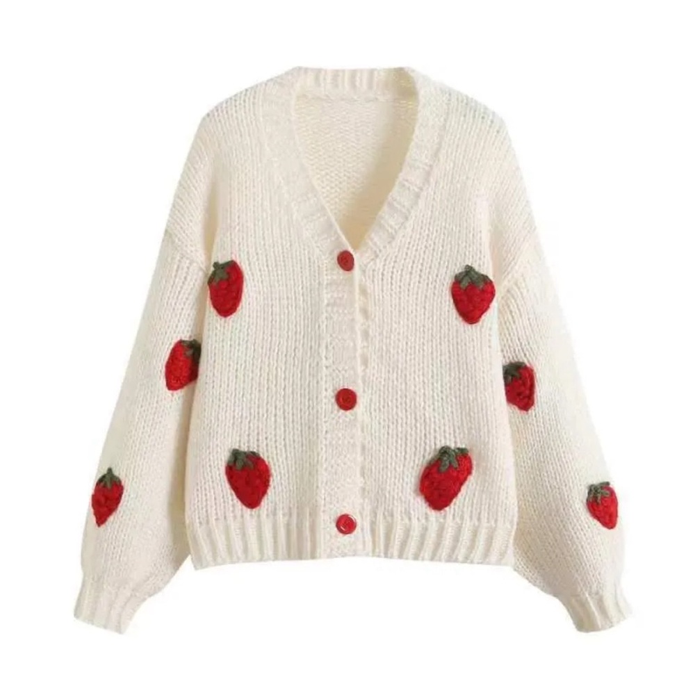 Strawberry knitted Sweater Cardigans Puff Long Sleeve Sweater Cardigan Harajuku